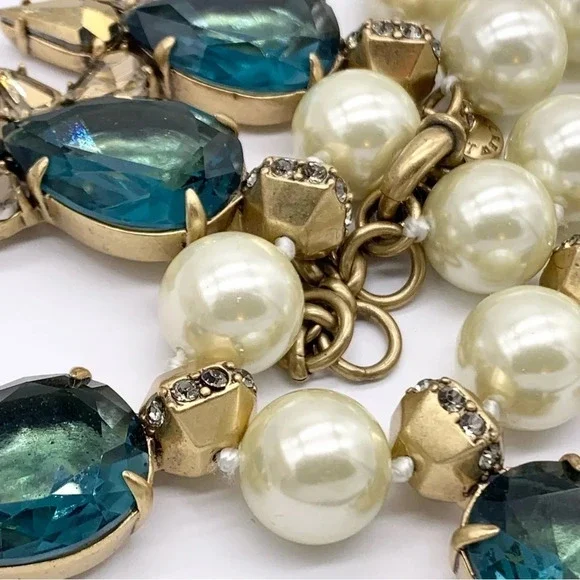 J. Crew Blue/Green Teardrop Gems and Jumbo Pearl Necklace